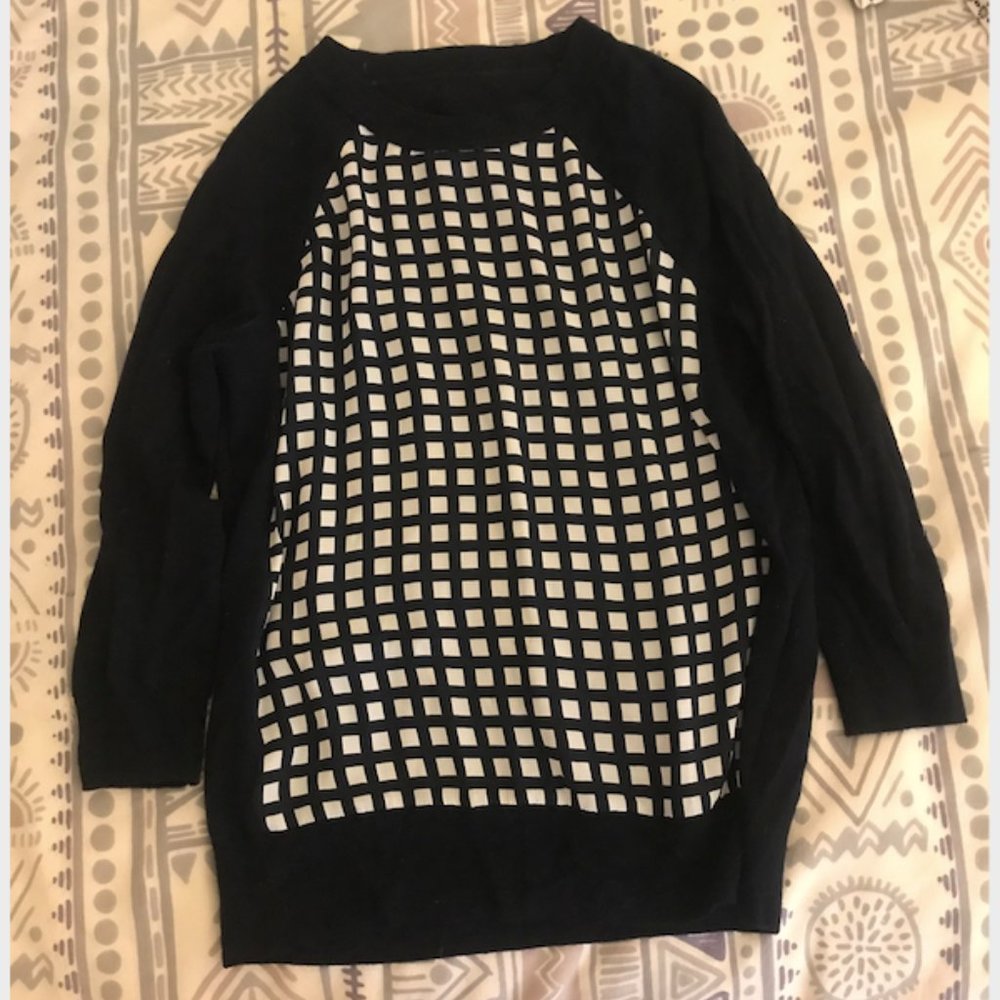 J Crew Navy Sweater w/ Checkered Front Panel XS